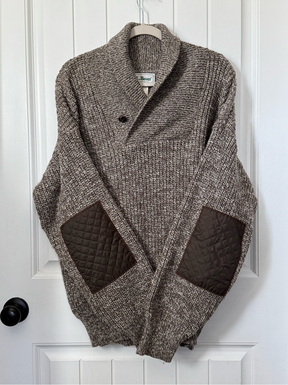 Vintage L.L. Bean Men's Shawl Collar Sweater in Brown Heather with Elbow Patches